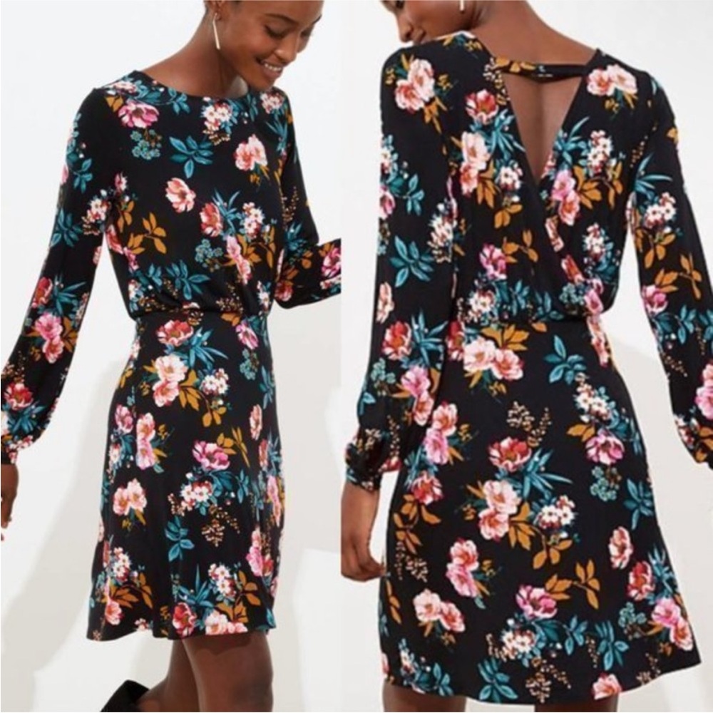 LOFT Floral Black Long Sleeve Open Back Mini Dress size 6P